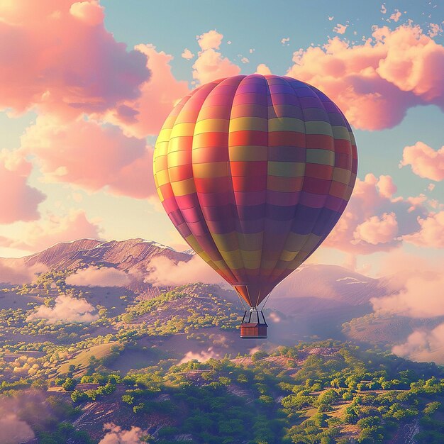 Photo a hot air balloon with a pink and yellow striped design is flying in the sky