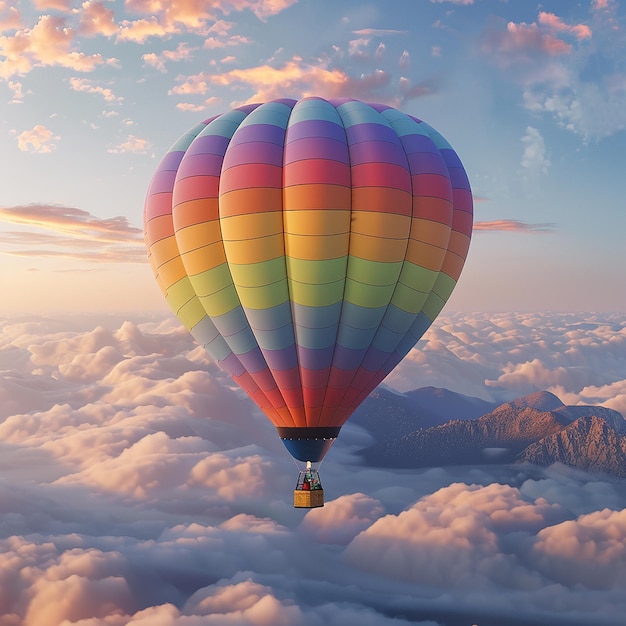 a hot air balloon with a rainbow colored design on the bottom