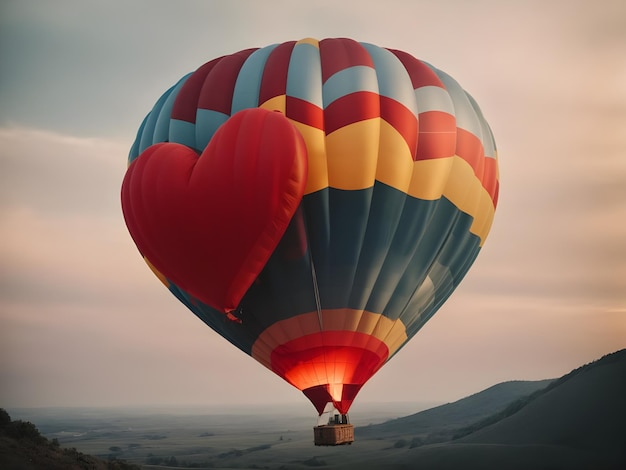 Hot air balloon with red heart shape in sunset valentine concept