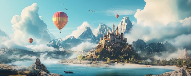 Photo hot air balloons are flying over a fairytale medieval castle on a mountain lake with a sailboat in the foreground