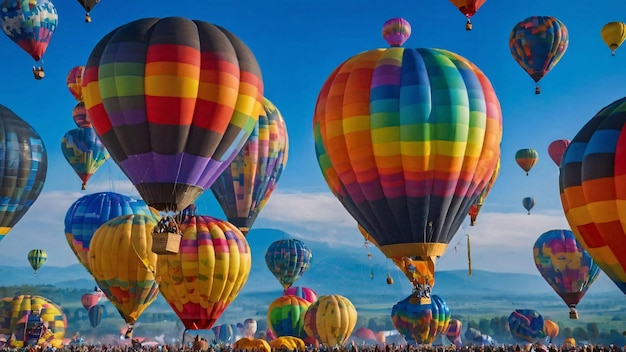 Hot air balloons ascending in a clear sky