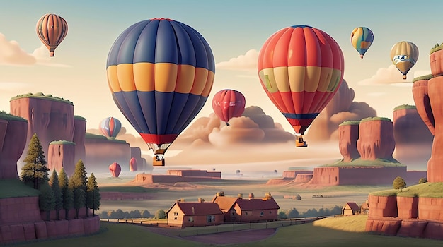 Hot air balloons over a beautiful landscape by Generative AI