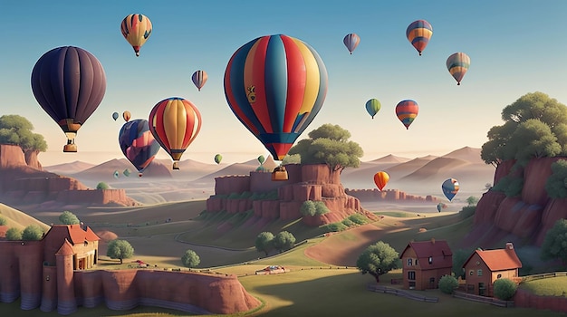 Hot air balloons over a beautiful landscape by Generative AI