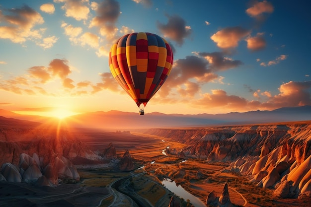 Hot air balloons in Cappadocia Turkey wide shot sunset generative with ai