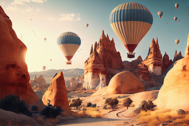 Hot air balloons over a desert landscape