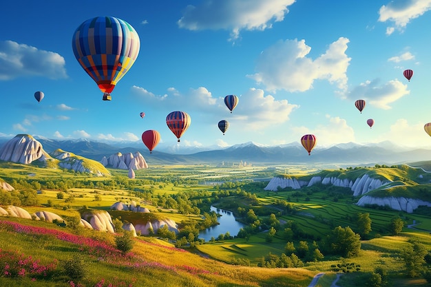 Hot Air Balloons Festival Flying Over Green Valley Hills with Nature Landscape at Bright Day