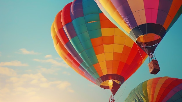 Hot air balloons in flight against a blue sky The balloons are brightly colored and the sky is clear with a few clouds