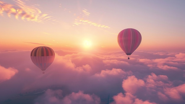 Hot Air Balloons Floating Above Clouds at Sunrise