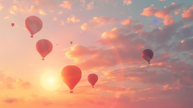 Hot air balloons floating in the sky at sunset The sky is a gradient of orange and pink and the clouds are a mix of light and dark