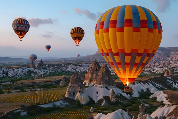 Hot air balloons floating at sunrise over a scenic landscape with rocky terrain and a soft colorful sky