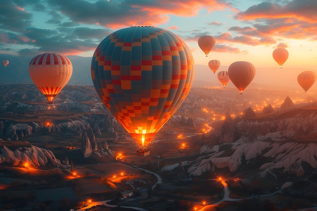 Hot air balloons floating at sunrise over a scenic landscape with vibrant skies and mountainous terrain