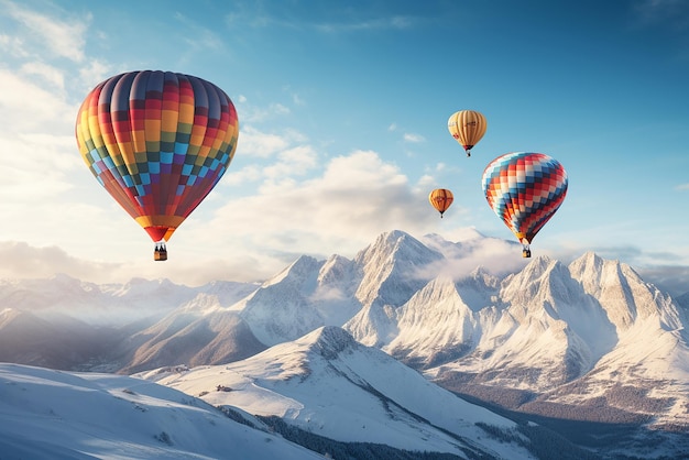 Hot air balloons fly over snowy mountains