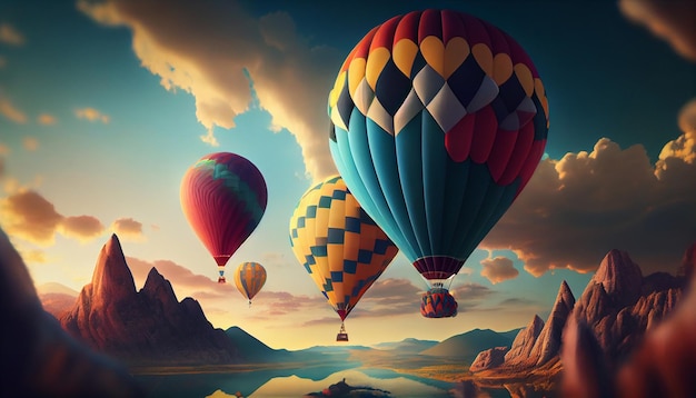 Hot air balloons flying over beautiful landscape Generative Ai