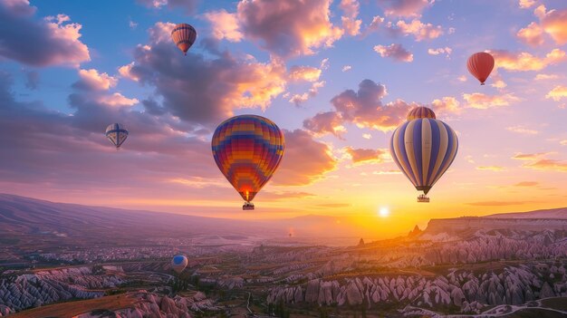 Hot air balloons flying over Cappadocia at sunrise