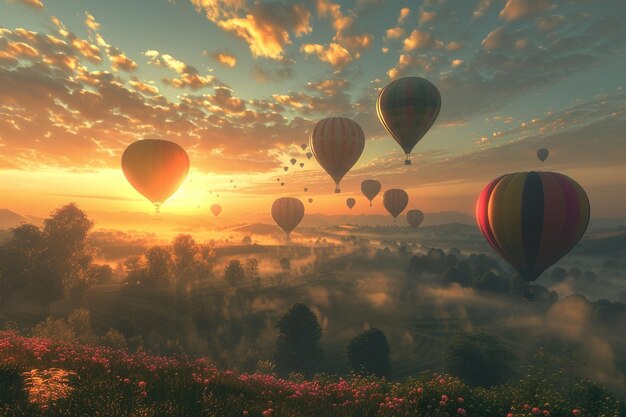 Photo hot air balloons flying over the clouds at sunset