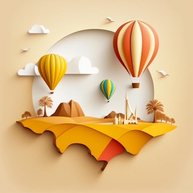 Hot air balloons flying over the desert with mountains in the background Generative AI