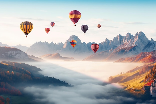 Hot air balloons flying over the mountains