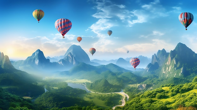 Hot air balloons above the mountains Colorful hot air balloons flying over mountain panorama