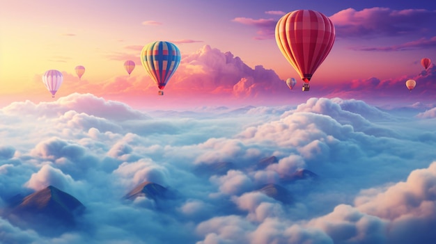 hot air balloons in the sky with the sun setting behind them