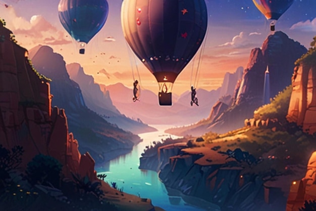 Photo hot air balloons soaring over a canyon at sunset