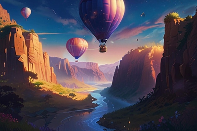 Photo hot air balloons soaring over a canyon at sunset