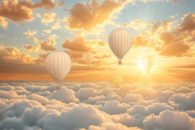 Hot Air Balloons Soaring Above Golden Clouds at Sunset