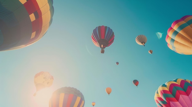 Hot air balloons soaring high in a serene pastelcolored sky