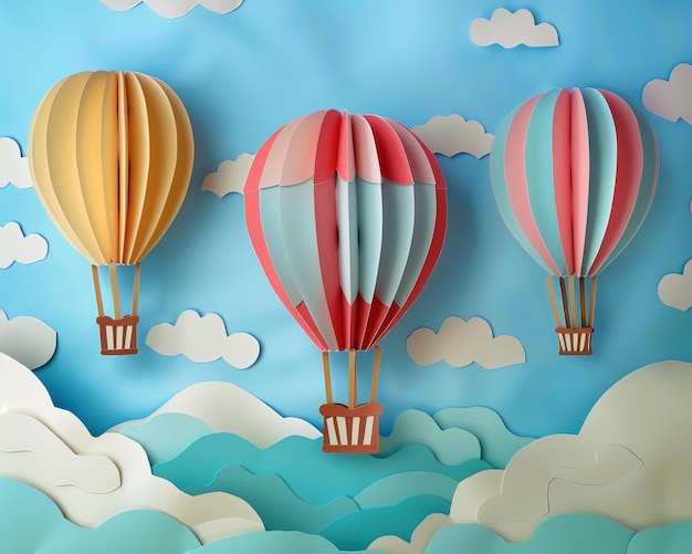 Hot air balloons summer sky 3D paper art travel backdrop close view detailed balloons clear blue