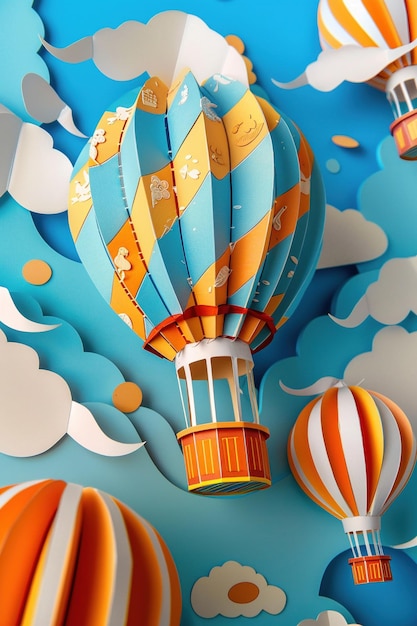 Hot air balloons summer sky 3D paper art travel backdrop close view detailed balloons clear blue