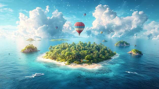 Photo hot air balloons on tropical island in blue ocean