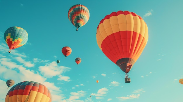 Hot air balloons in various colors floating in a blue sky with white clouds The balloons are red yellow green blue and purple