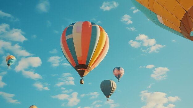 Hot air balloons in various colors floating in a blue sky with white clouds