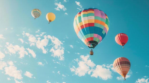 Hot air balloons in various colors floating in the sky The sky is blue and there are some clouds