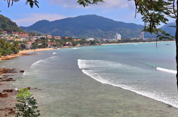 Hot beach with palm trees sand and waves