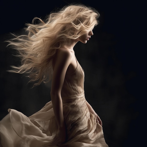 Hot and beautiful woman wearing a long dress on black background generative AI