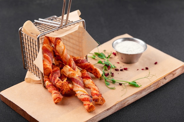 Hot beer appetizer deep fried bacon sticks