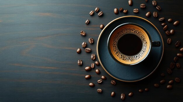 Hot black coffee on a saucer with coffee beans scattered all over a dark wooden surface