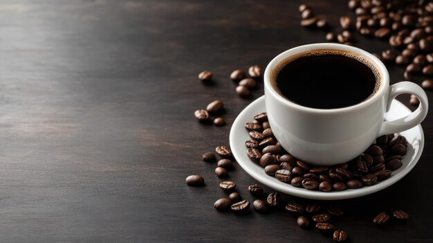 Hot black coffee on a saucer with coffee beans scattered all over a dark wooden surface