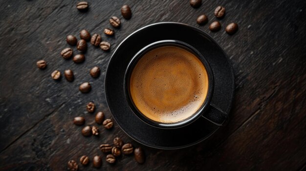 Hot black coffee on a saucer with coffee beans scattered all over a dark wooden surface