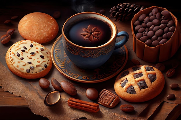 Hot black coffee with cookies and beans in cafe Generative Ai