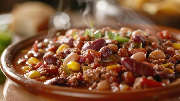 Photo a hot bowl of chili featuring beans ground beef and spices