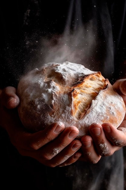 Hot bread in the hands of a male baker Generative AI