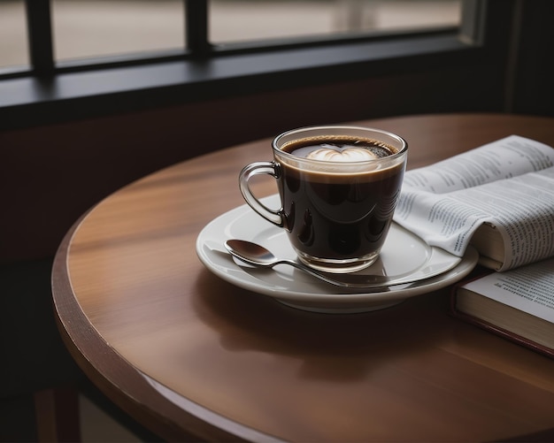 Hot brewed coffee with books on the table