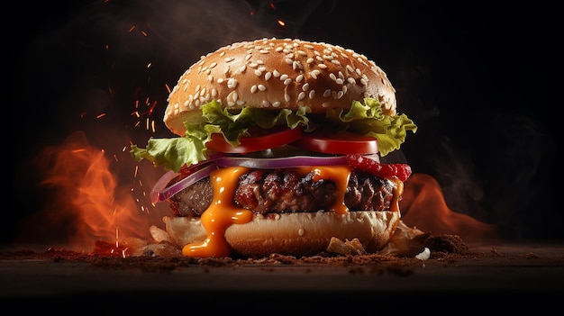 Hot Burger on Dark Background