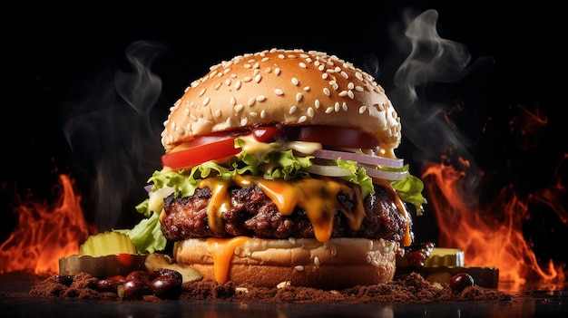 Hot Burger on Dark Background