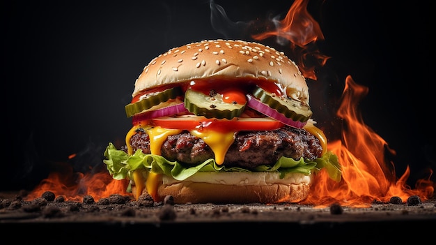 Hot Burger on Dark Background