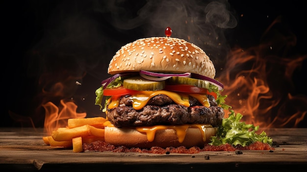 Hot Burger on Dark Background