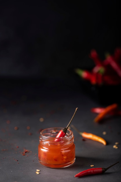 Hot chili sauce in small jars