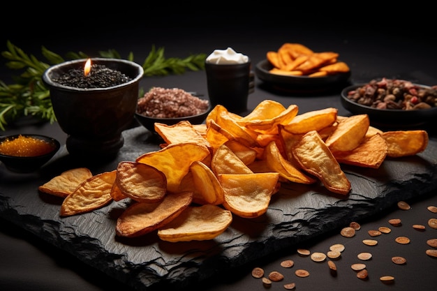 Photo hot chips on a slate board