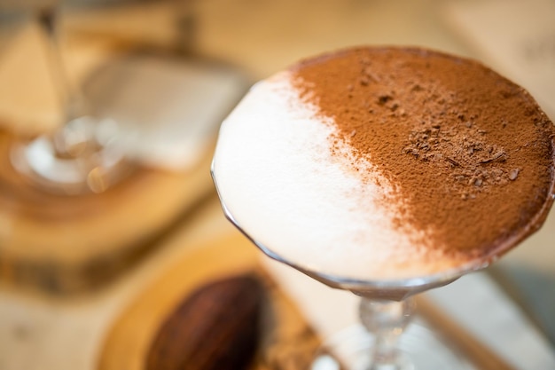 Hot chocolate cocoa drinks on table in cafe